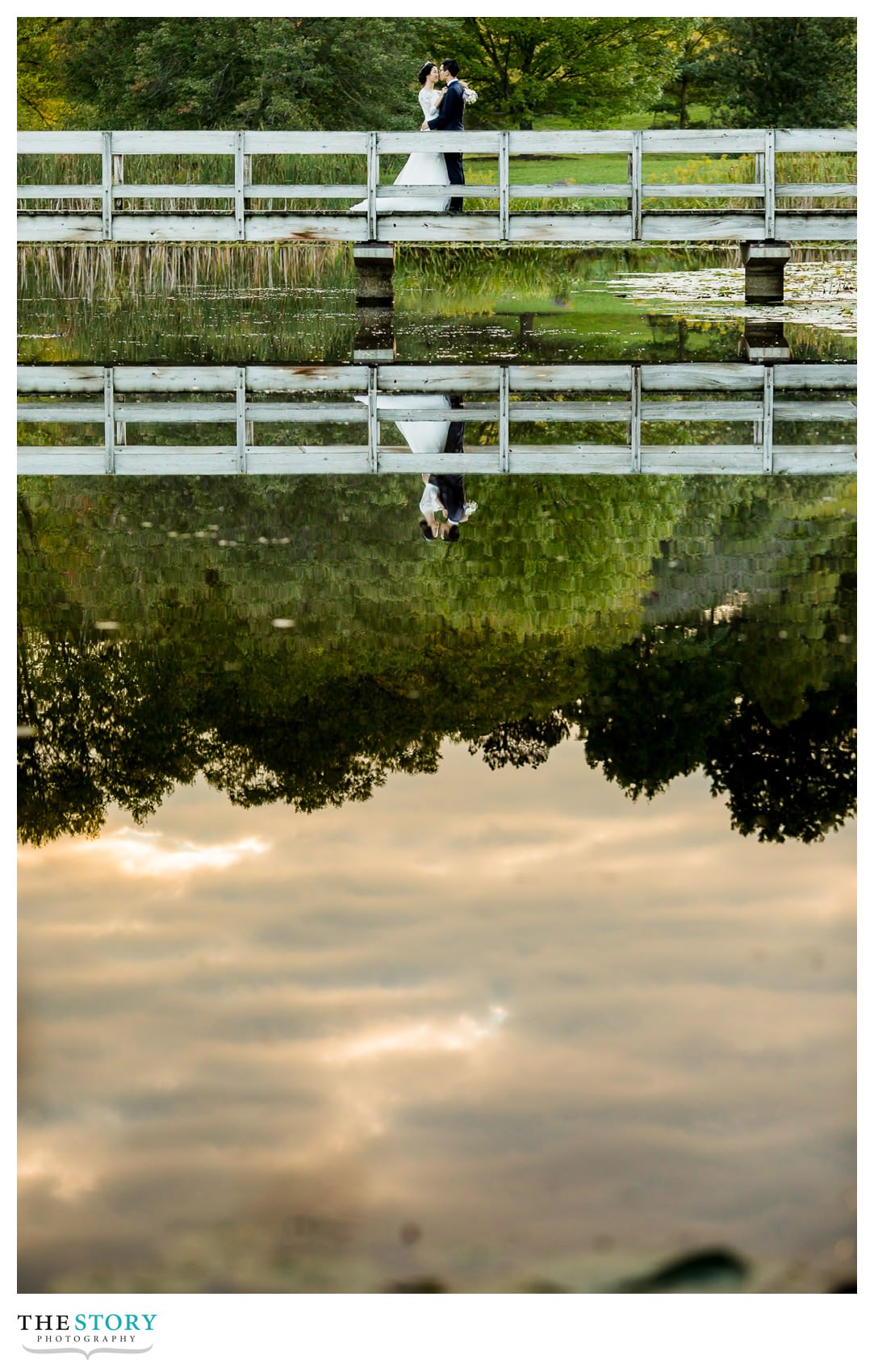 wedding photography with reflections at Cornell University plantations