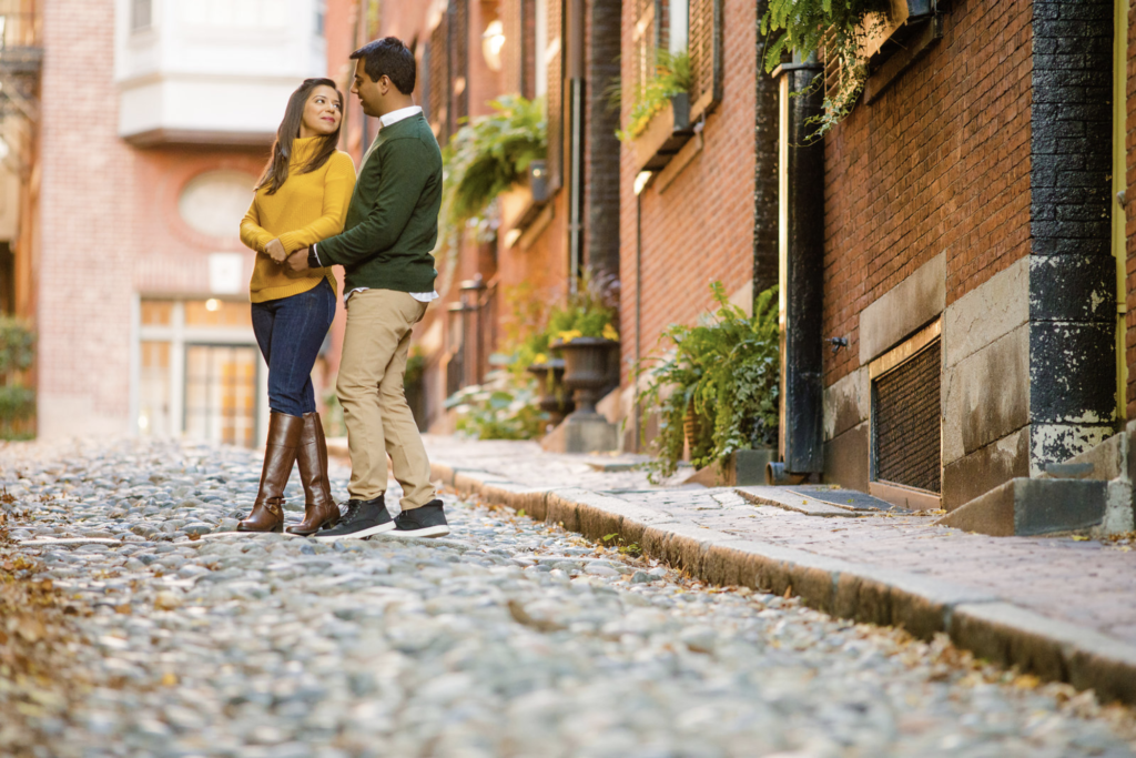 engagement photo on Acorn Street in Boston