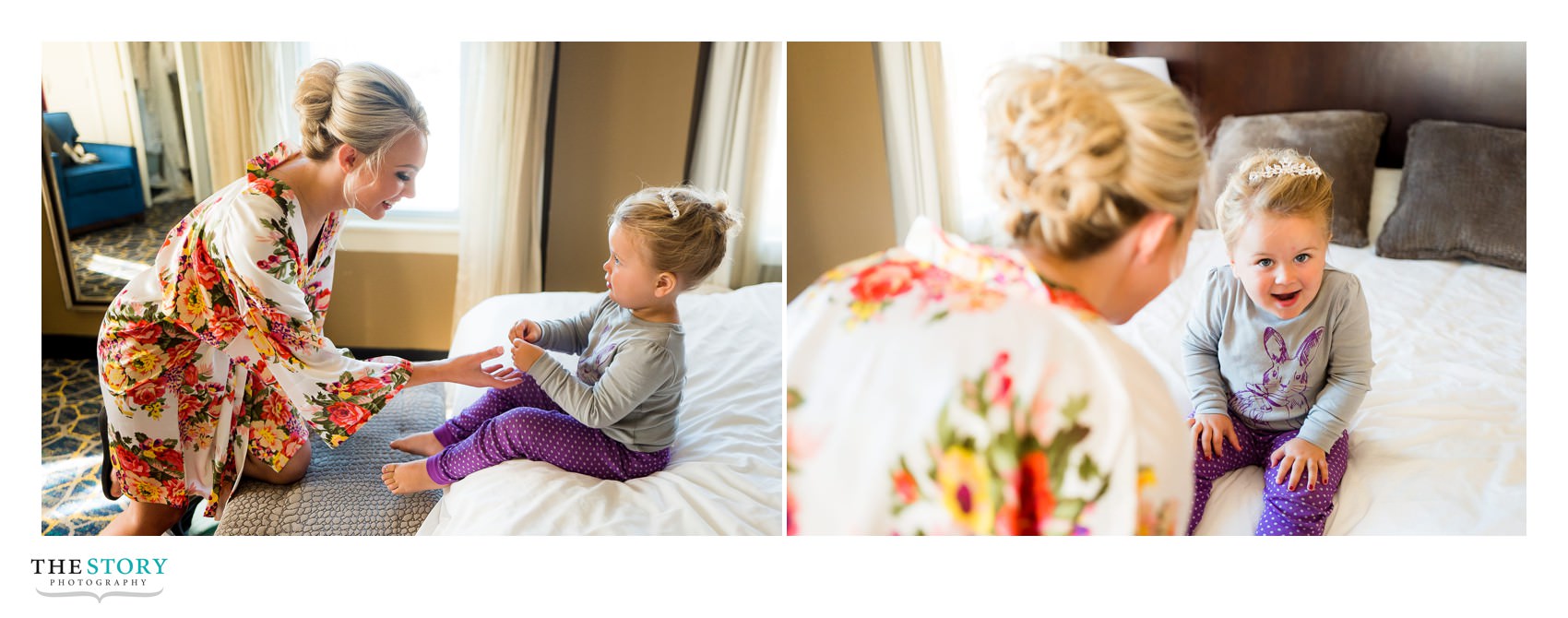 little flower girl plays with bride while getting ready at Jefferson-Clinton Hotel