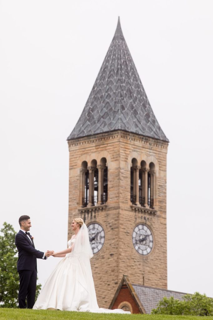 wedding photo with Cornell's clocktower