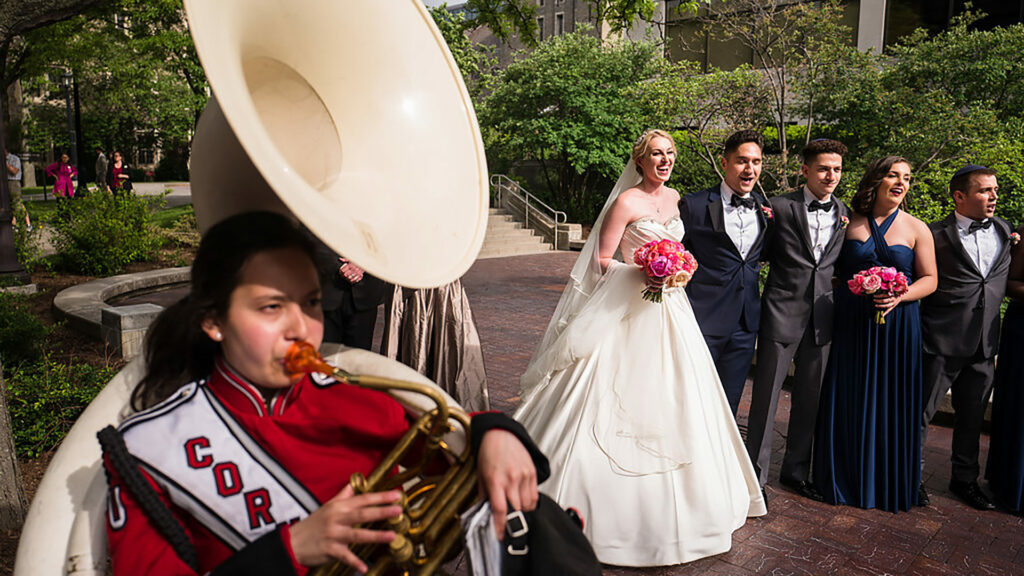 Cornell University wedding photo with pep band