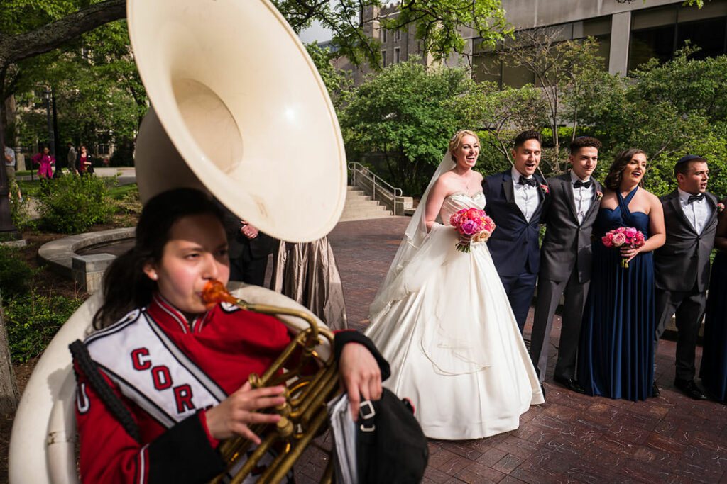 Cornell University wedding photo with pep band